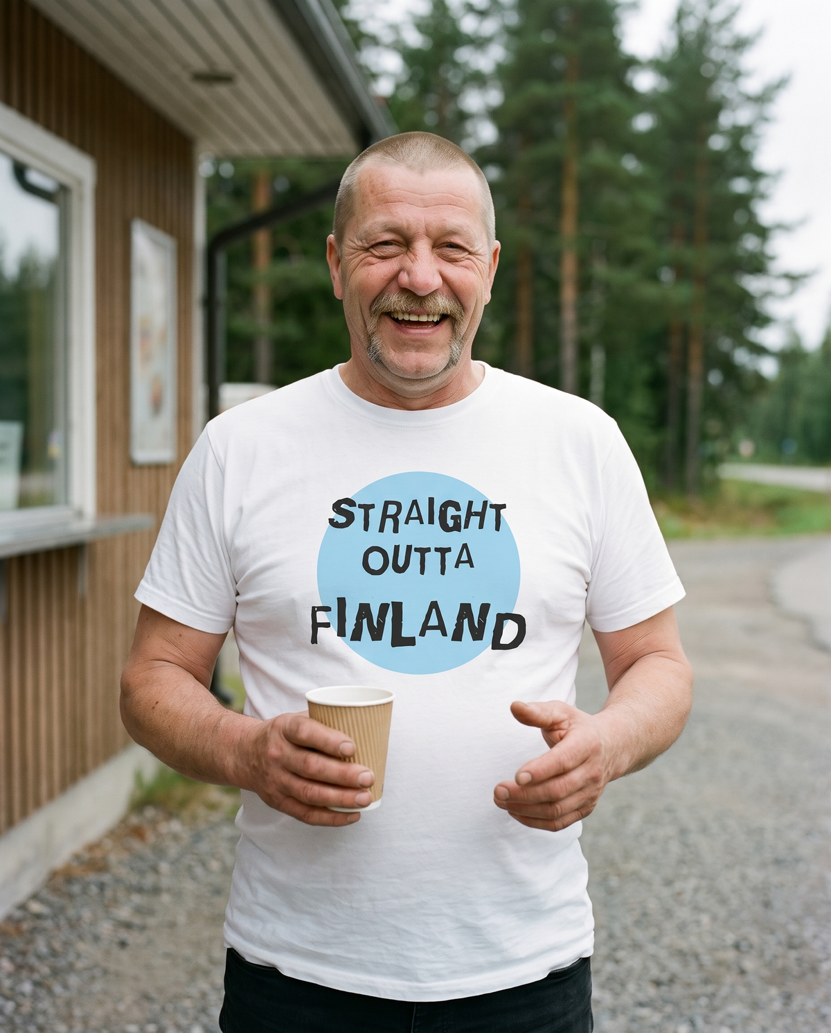 Straight Outta Finland t-shirt in white, worn by Juha laughing at a roadside grilli kiosk, Very Finnish Problems