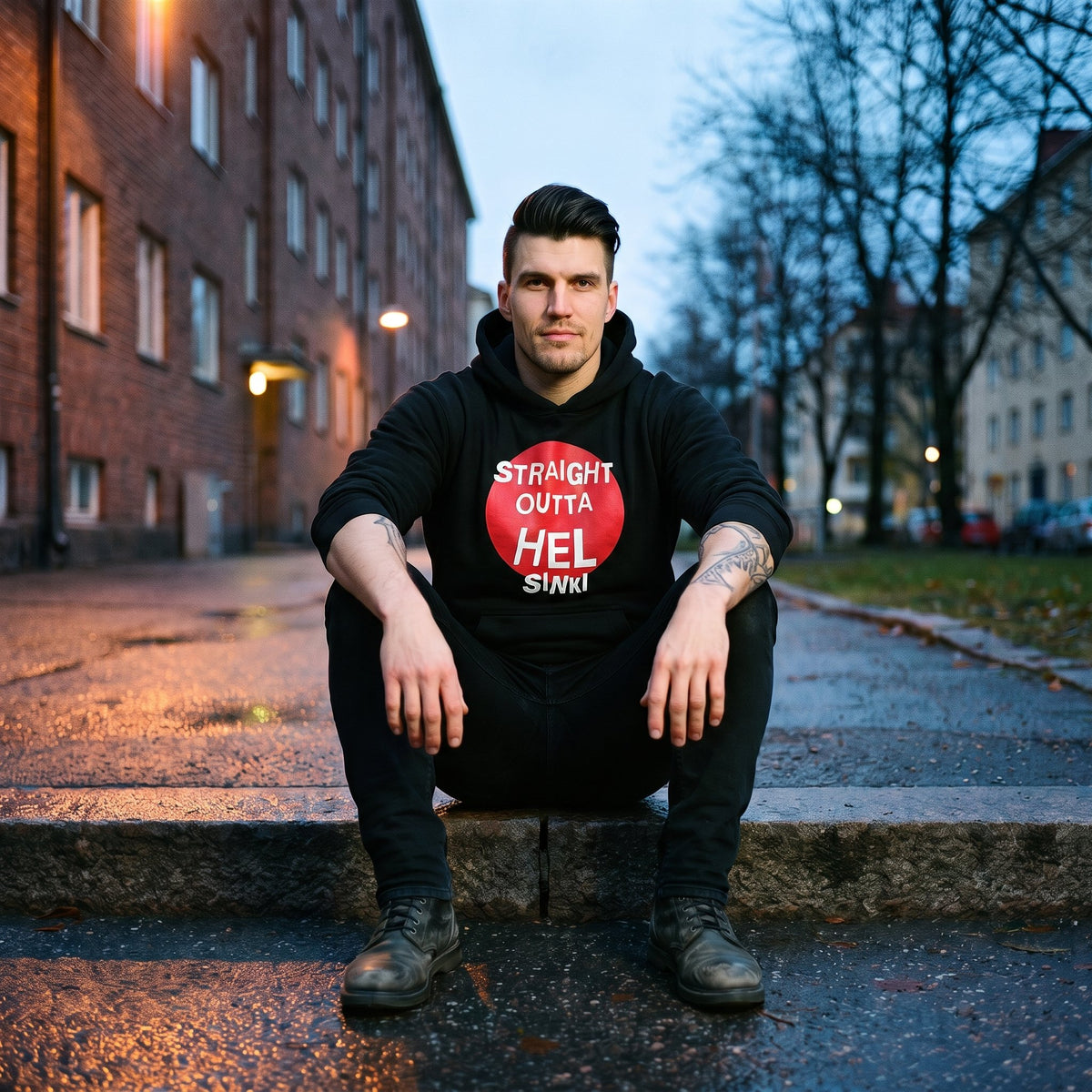 Straight Outta Hel hoodie in black with a red circle, worn by Eetu on a Helsinki street step at dusk, Very Finnish Problems