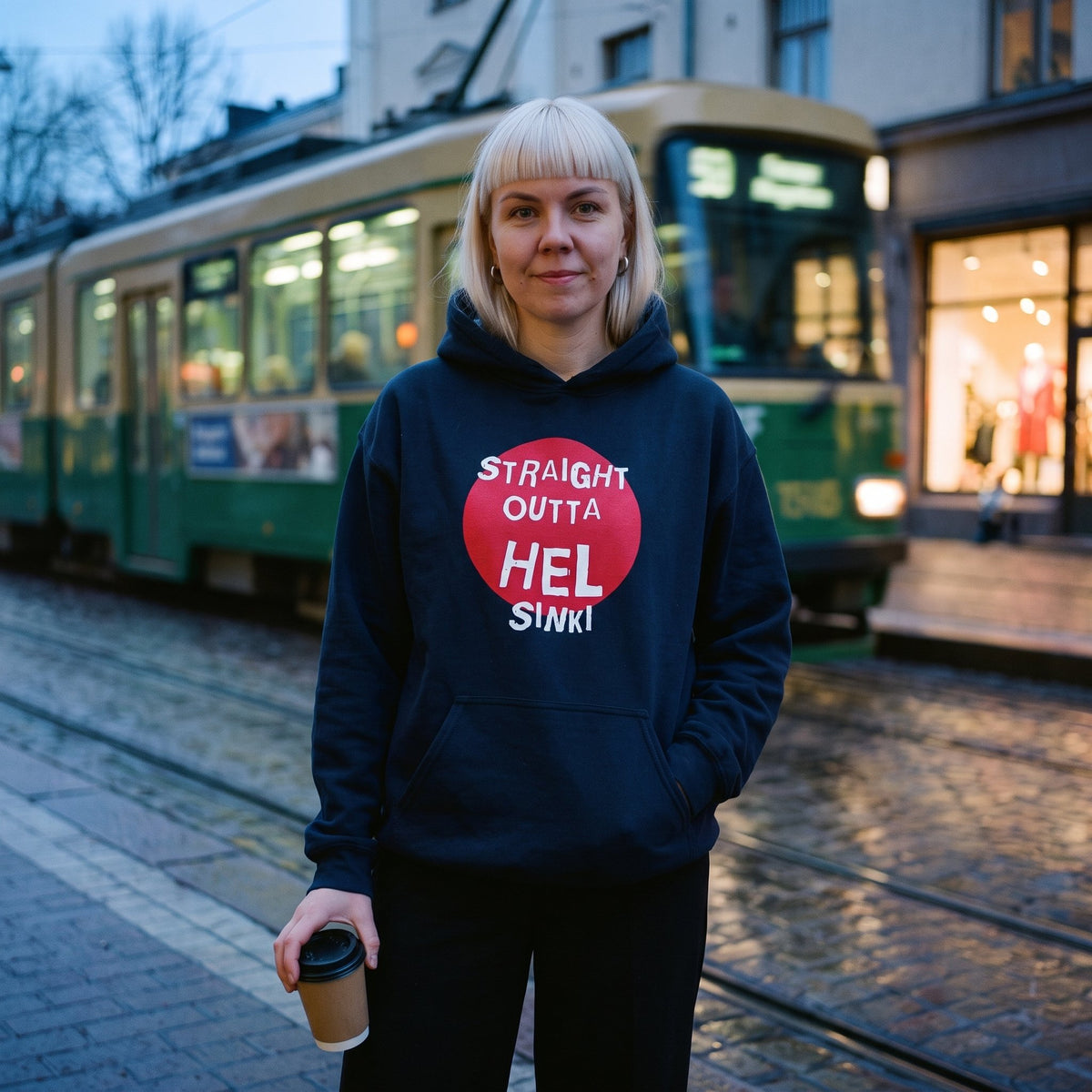 Straight Outta Hel hoodie in navy with a red circle, worn by Venla at a Helsinki tram stop at dusk, Very Finnish Problems