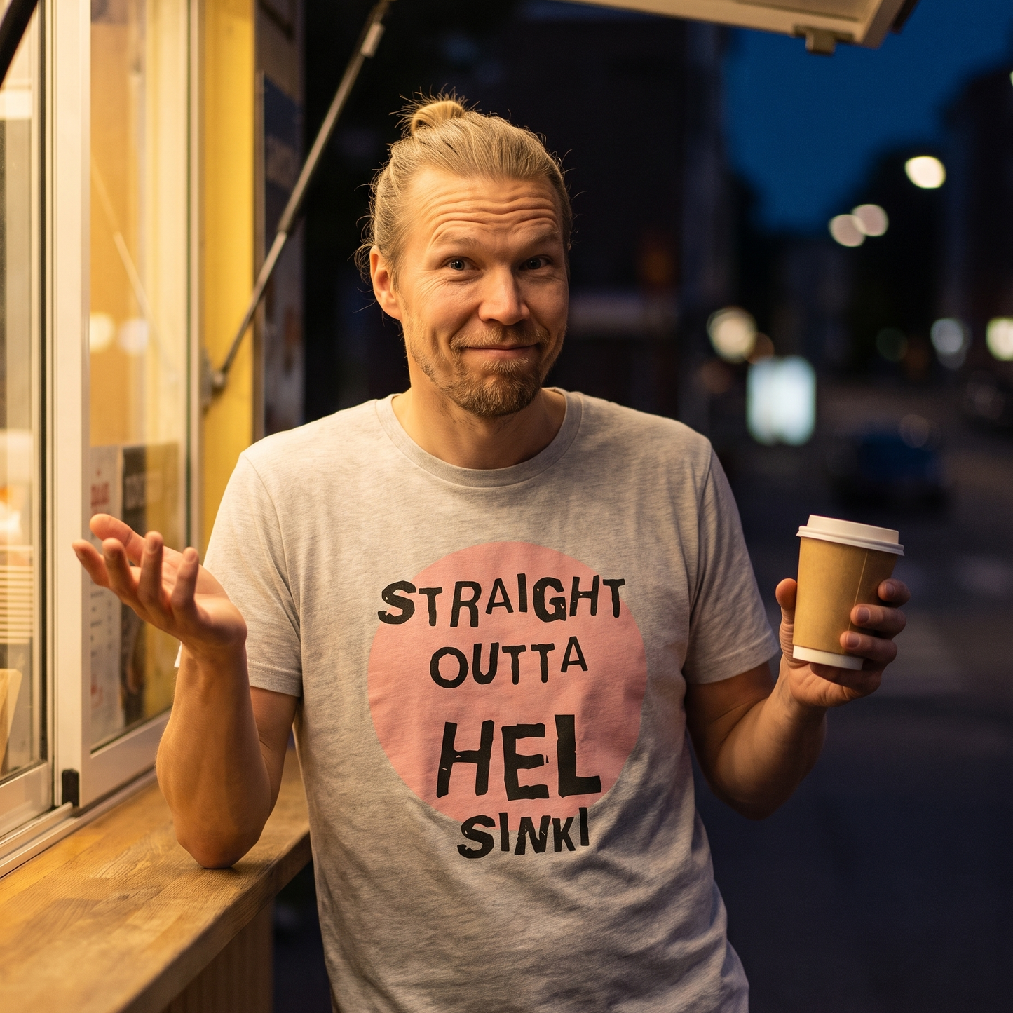 Straight Outta Hel t-shirt in ash grey, worn by Joonas at a late night Finnish kiosk, Very Finnish Problems