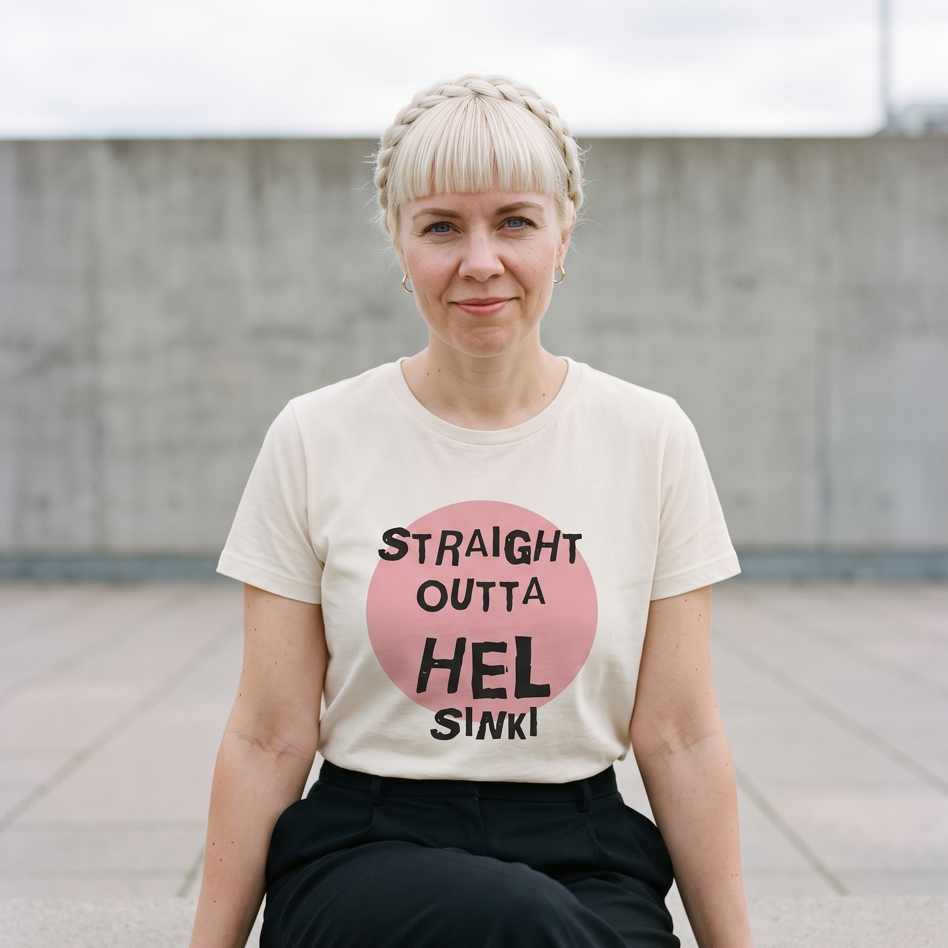 Straight Outta Hel t-shirt in soft cream, worn by Venla on a concrete ledge in a Finnish city plaza, Very Finnish Problems