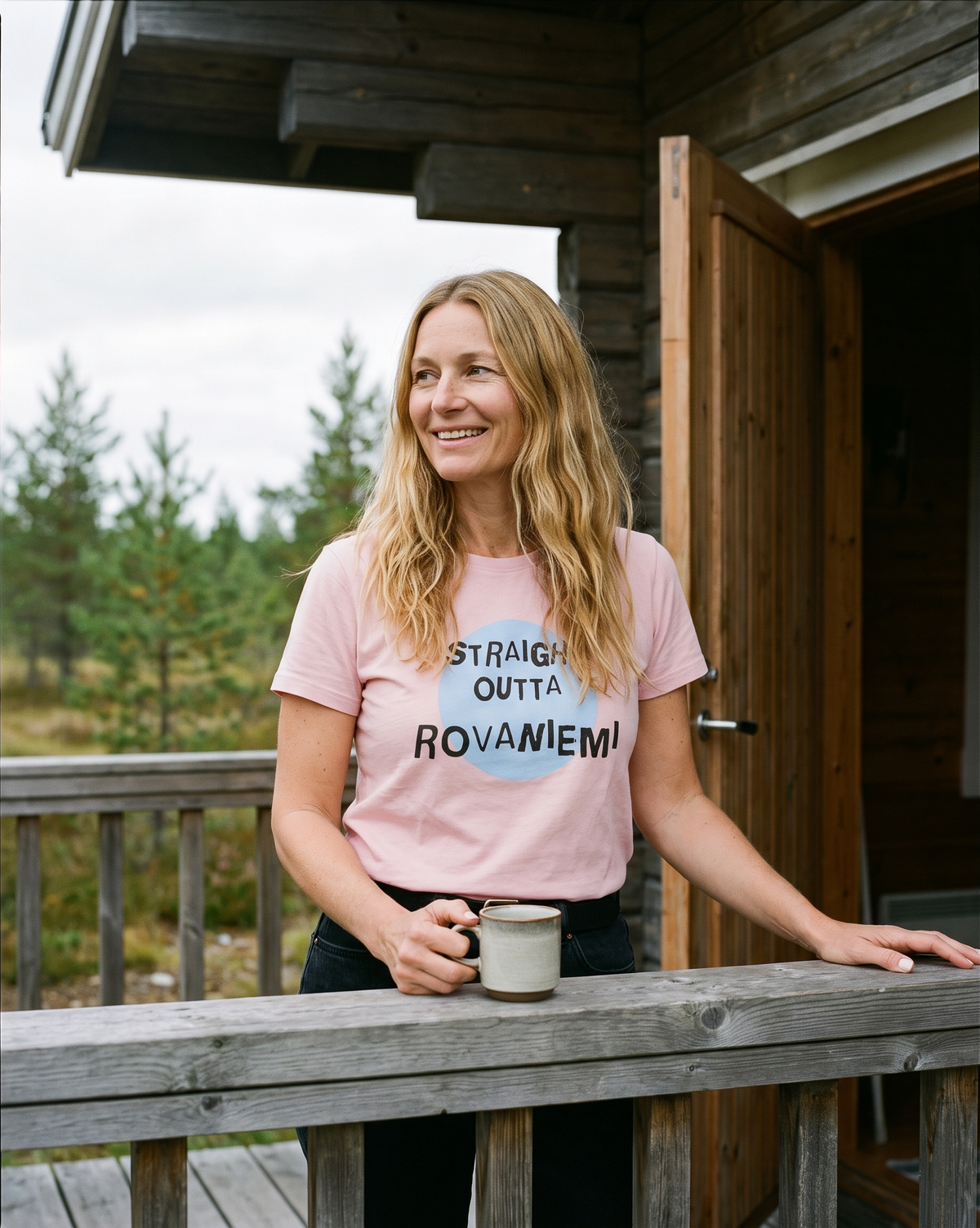 Straight Outta Rovaniemi t-shirt in pink, worn by Elina on a Lapland cabin porch, Very Finnish Problems