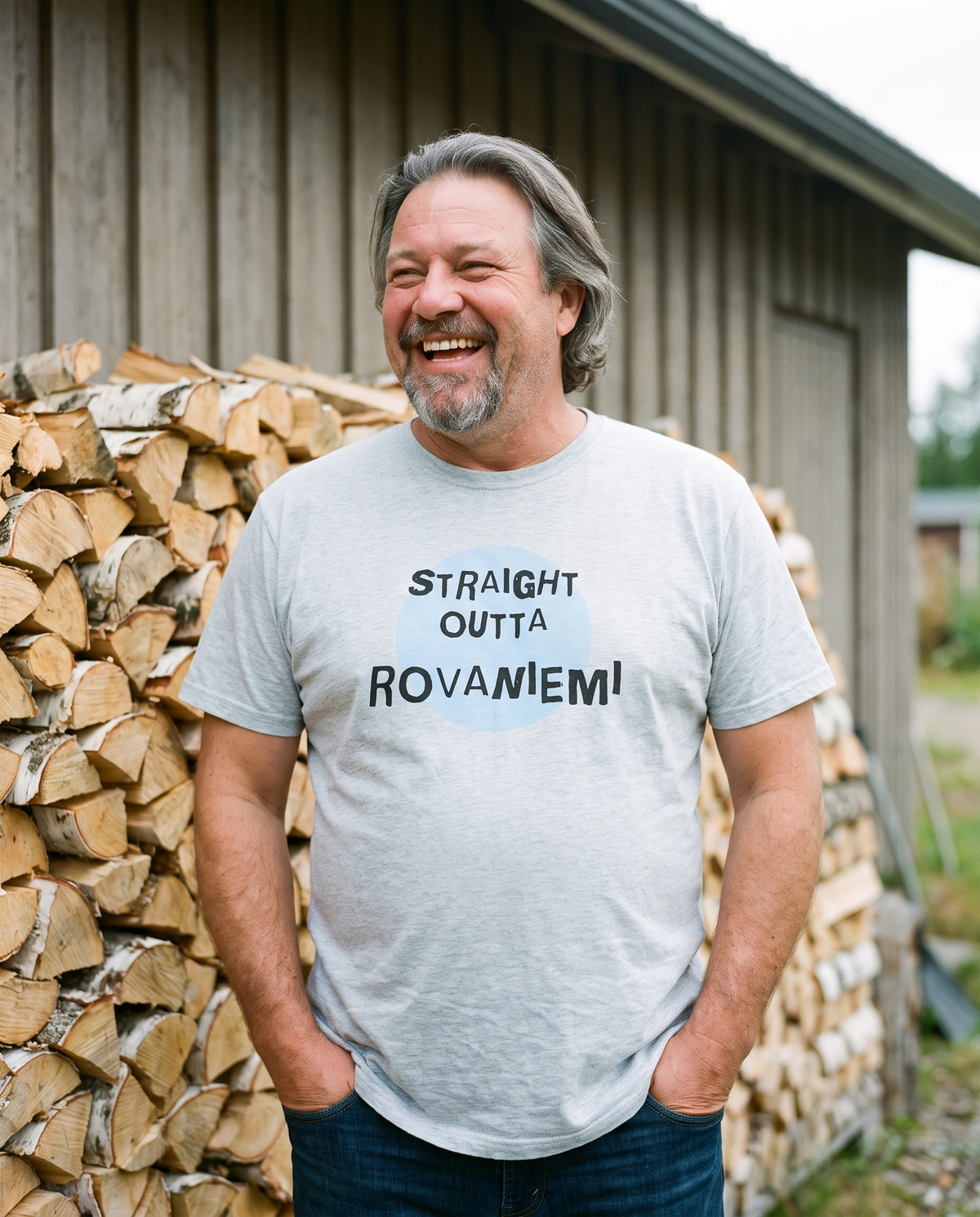 Straight Outta Rovaniemi t-shirt in silver, worn by Jojelli beside a birch woodpile, Very Finnish Problems