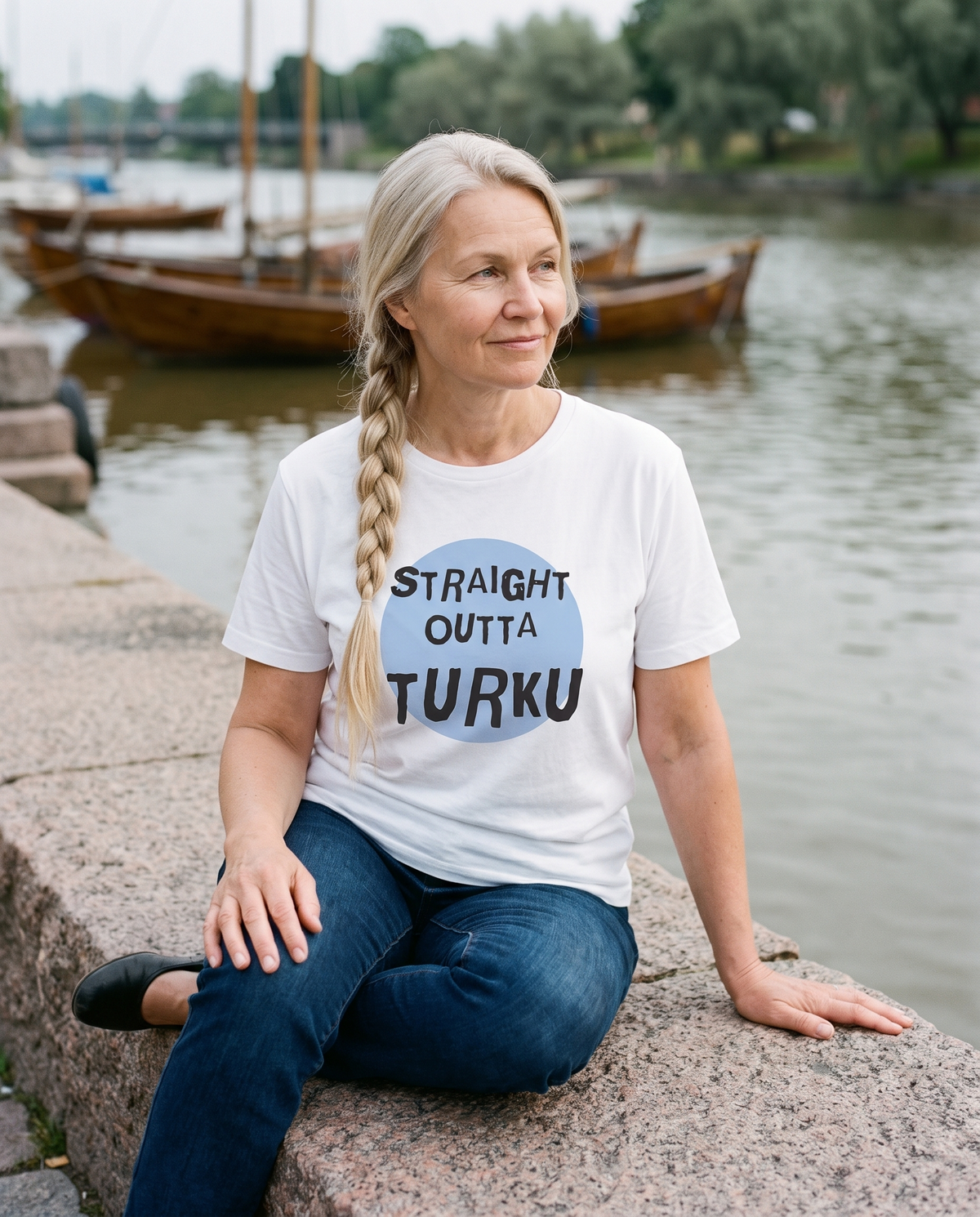Straight Outta Turku t-shirt in white, worn by Anneli on a granite river quay, Very Finnish Problems