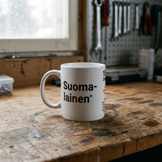 Suomalainen Service Manual mug in white, on a workbench in a Finnish garage, Very Finnish Problems