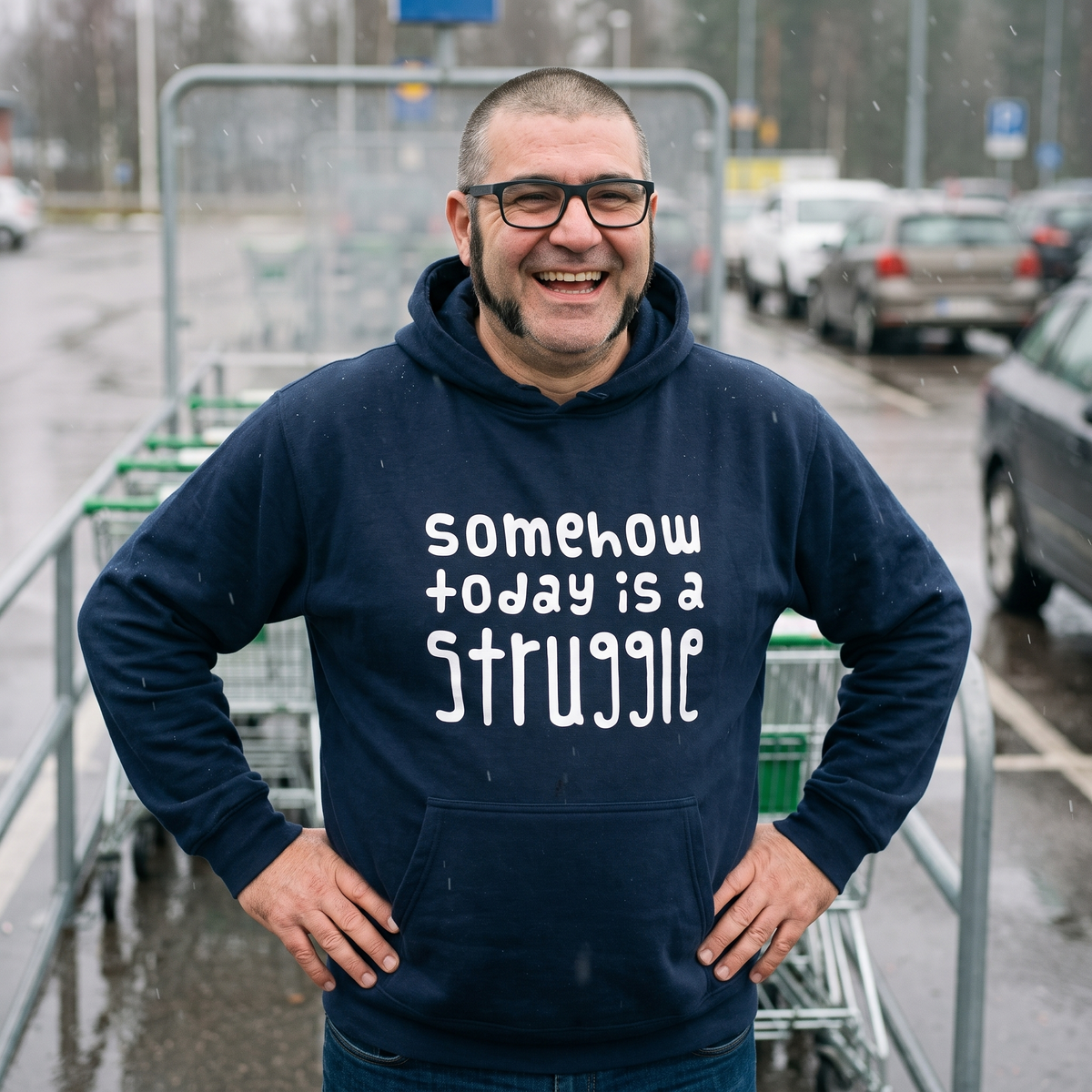 Somehow today is a struggle Finnish culture hoodie in navy, worn by Jaska laughing at a supermarket trolley bay, Very Finnish Problems