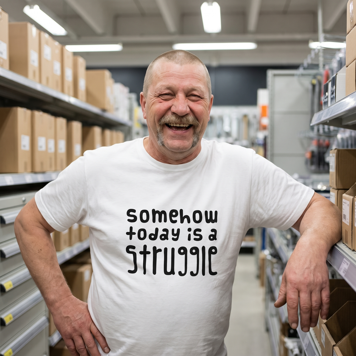 Somehow today is a struggle Finnish culture t-shirt in white, worn by Juha laughing in a hardware shop aisle, Very Finnish Problems
