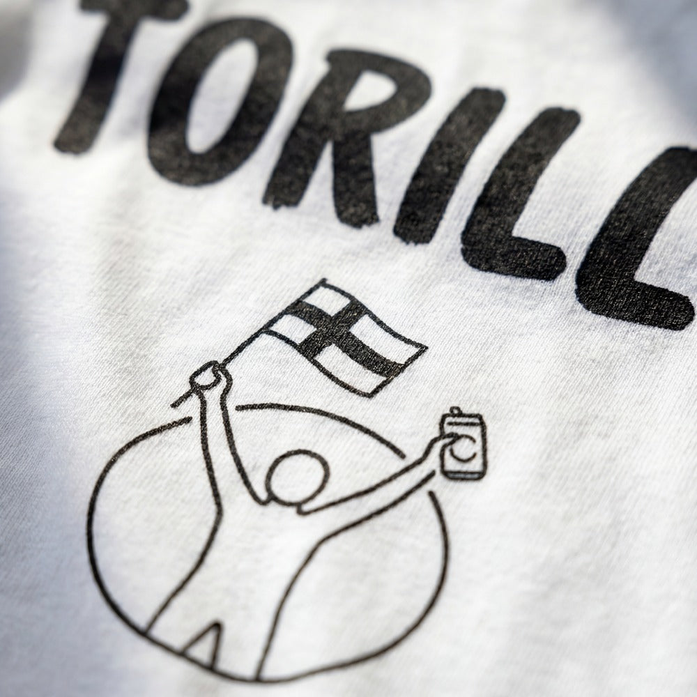 Close up of the Torille print detail in black ink on a white t-shirt, Very Finnish Problems