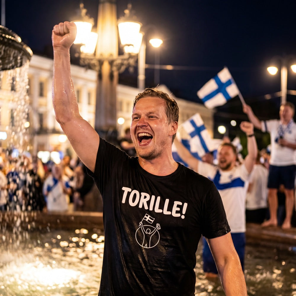 Man celebrating an ice hockey win standing in the Havis Amanda fountain in Helsinki wearing the black Torille t-shirt, Very Finnish Problems