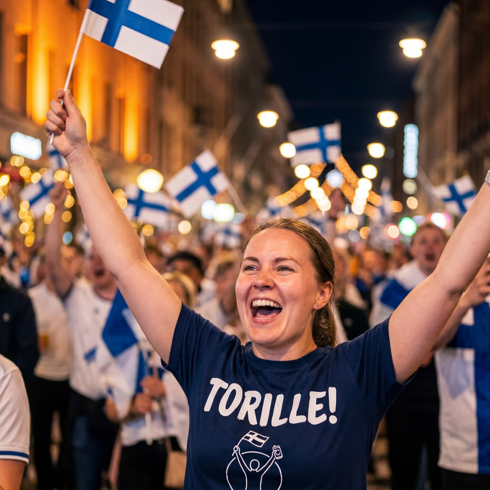 Woman celebrating in a Helsinki street crowd waving a Finnish flag wearing the navy Torille t-shirt, Very Finnish Problems
