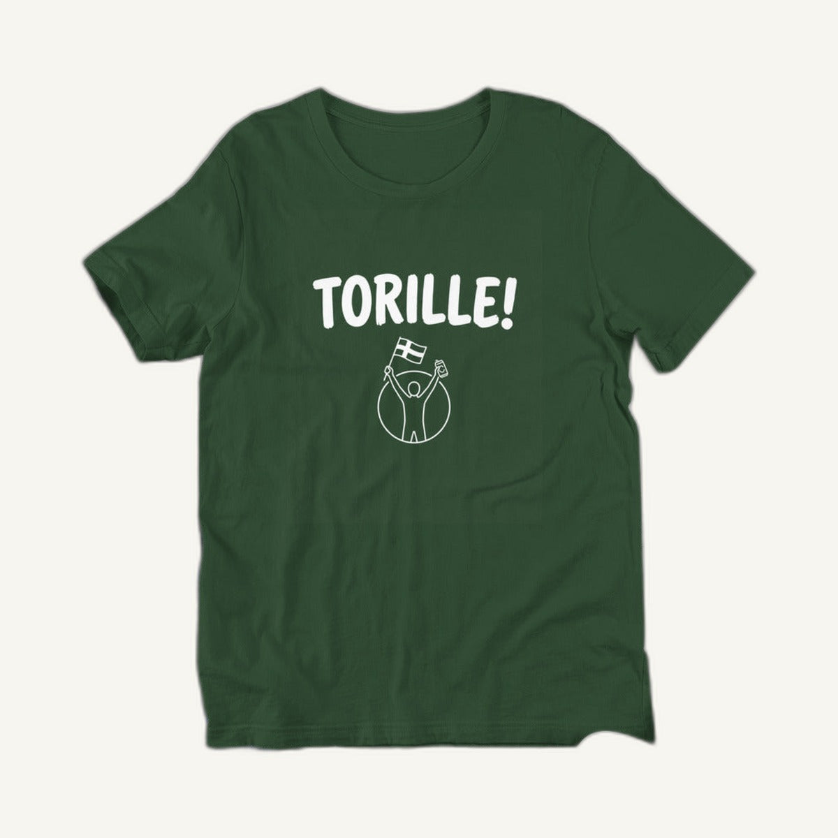 Torille t-shirt in forest green, clean front view of the white print, Very Finnish Problems