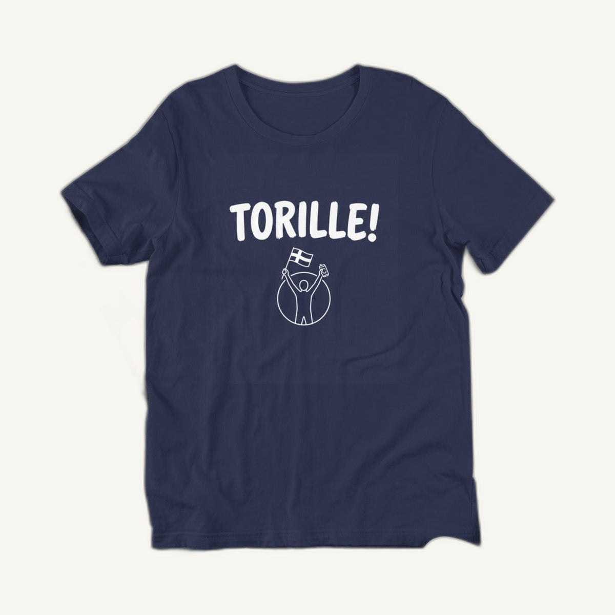 Torille t-shirt in navy, clean front view of the white print, Very Finnish Problems