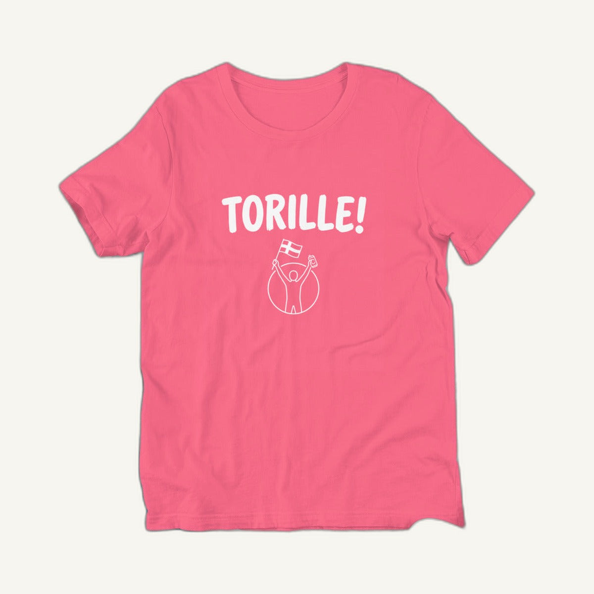 Torille t-shirt in charity pink, clean front view of the white print, Very Finnish Problems