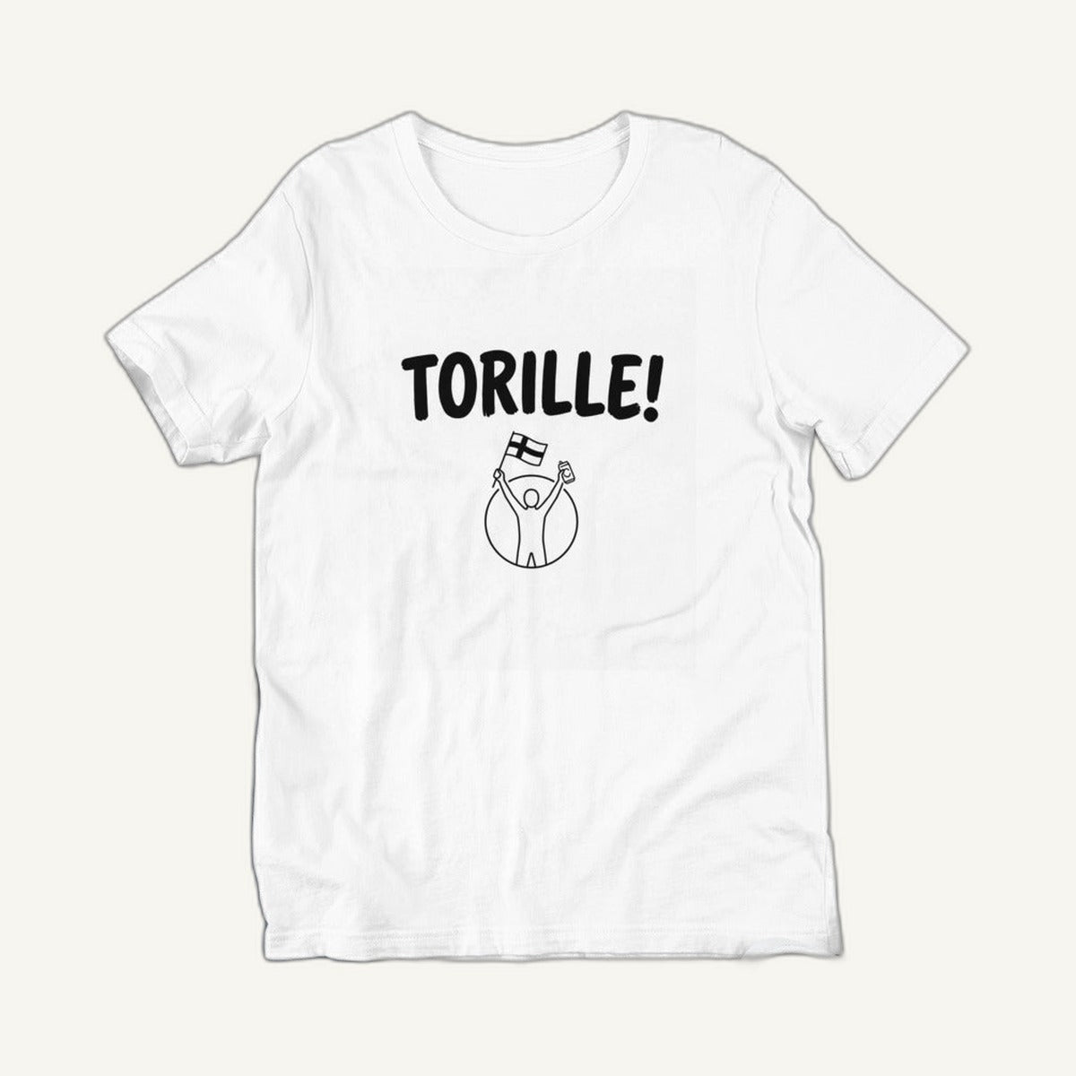 Torille t-shirt in white, clean front view of the black print, Very Finnish Problems