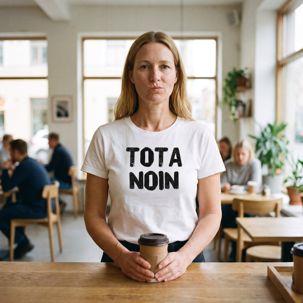 Tota noin Finnish language t-shirt in white, worn by a woman with a coffee cup, pausing to think at a café counter, Very Finnish Problems