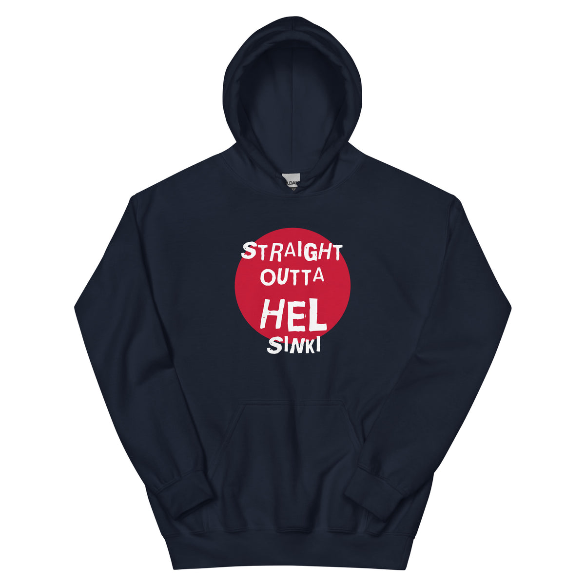 Straight Outta Hel hoodie in navy with a red circle and white lettering, flat front view, Very Finnish Problems