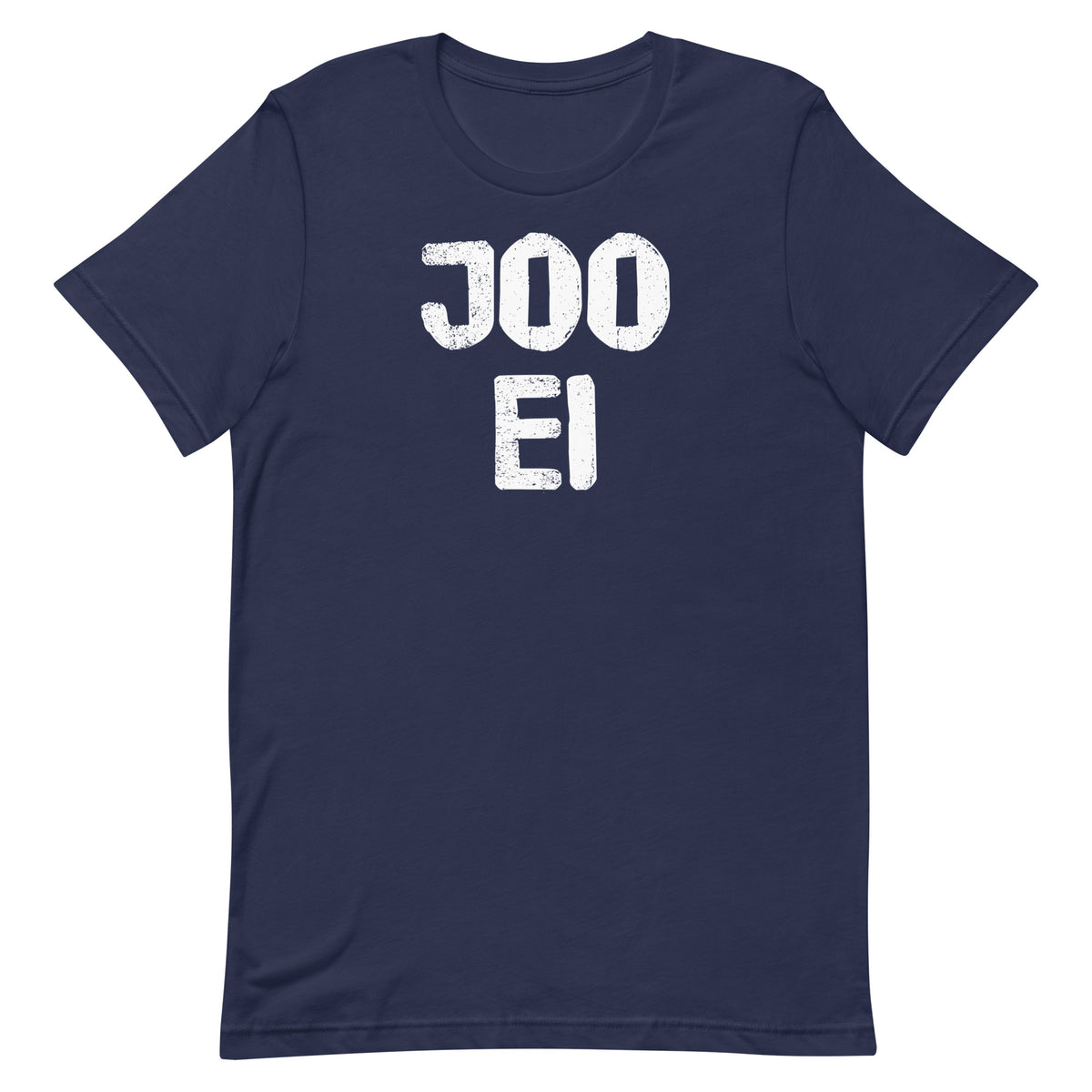 Joo ei Finnish language t-shirt in navy, flat front view, Very Finnish Problems