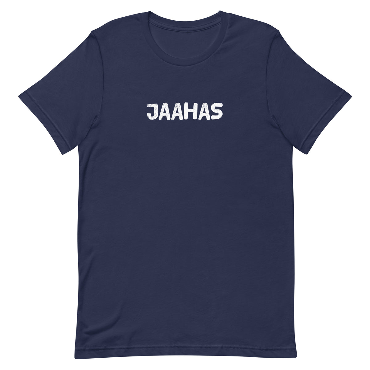 Jaahas Finnish language t-shirt in navy, flat front view, Very Finnish Problems
