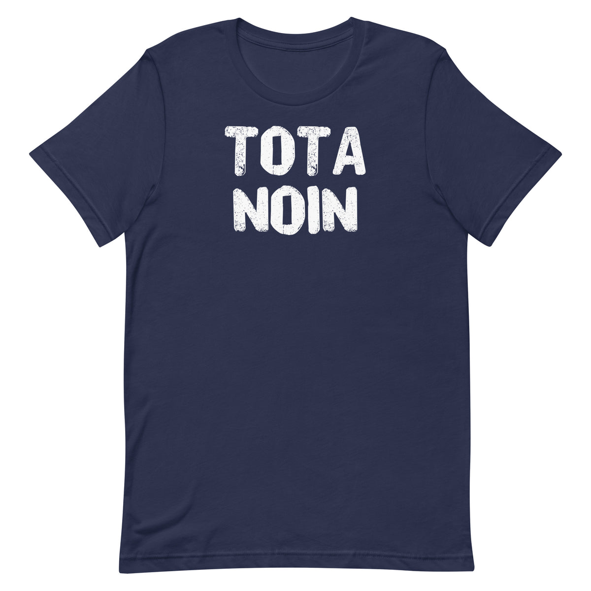 Tota noin Finnish language t-shirt in navy, flat front view, Very Finnish Problems