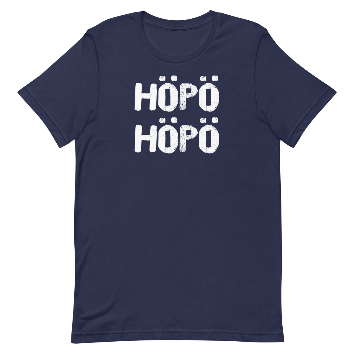 Höpö höpö Finnish language t-shirt in navy, flat front view, Very Finnish Problems