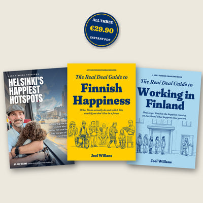 The Very Finnish Guide Bundle: The Real Deal Guide to Finnish Happiness at the front with Helsinki's Happiest Hotspots and The Real Deal Guide to Working in Finland behind it, all three ebooks for 29.90 euros as instant PDFs