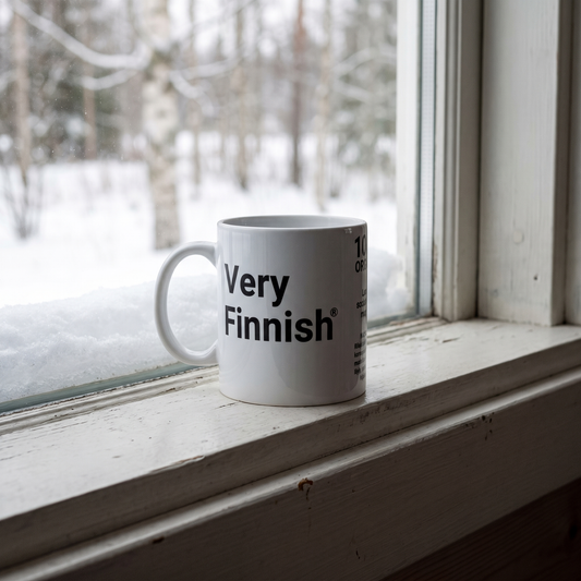 Very Finnish Service Manual mug in white, on a snowy Finnish cottage window ledge, Very Finnish Problems
