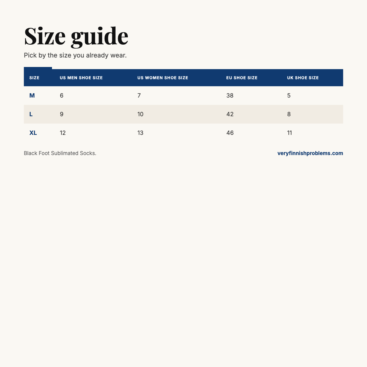 Black Foot Sublimated Socks size guide