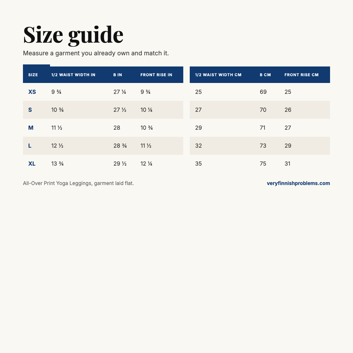 All-Over Print Yoga Leggings size guide