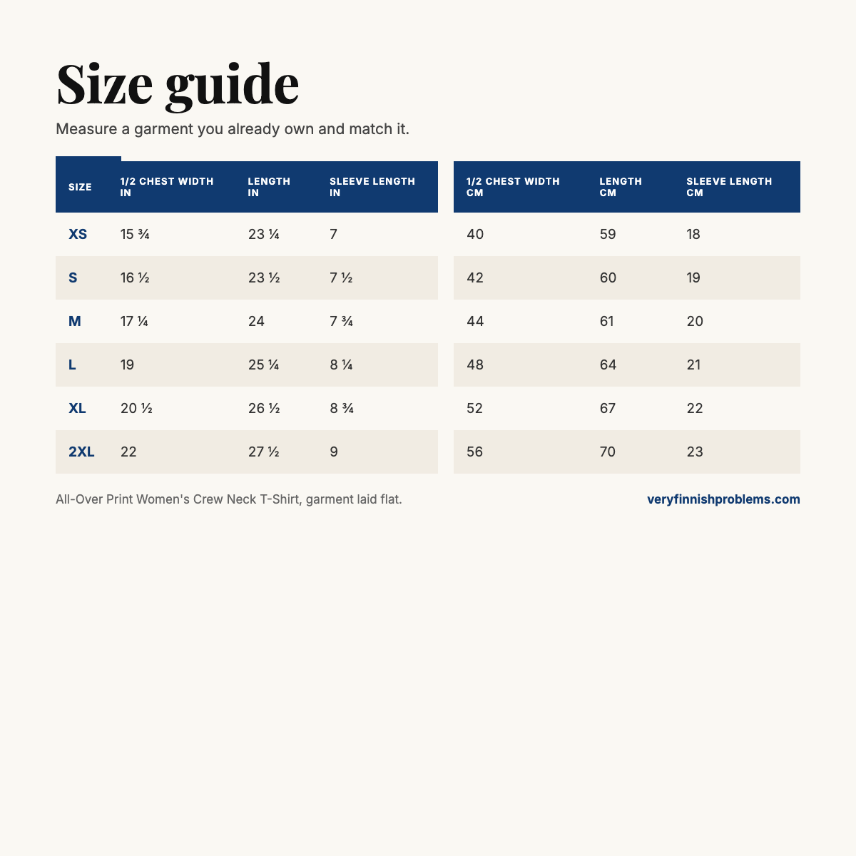 All-Over Print Women's Crew Neck T-Shirt size guide