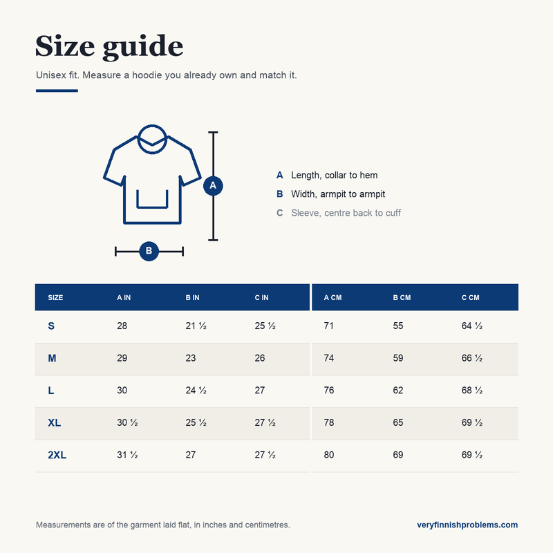 Unisex organic hoodie size guide showing length, width and sleeve measurements in inches and centimetres, sizes S to 2XL, Very Finnish Problems