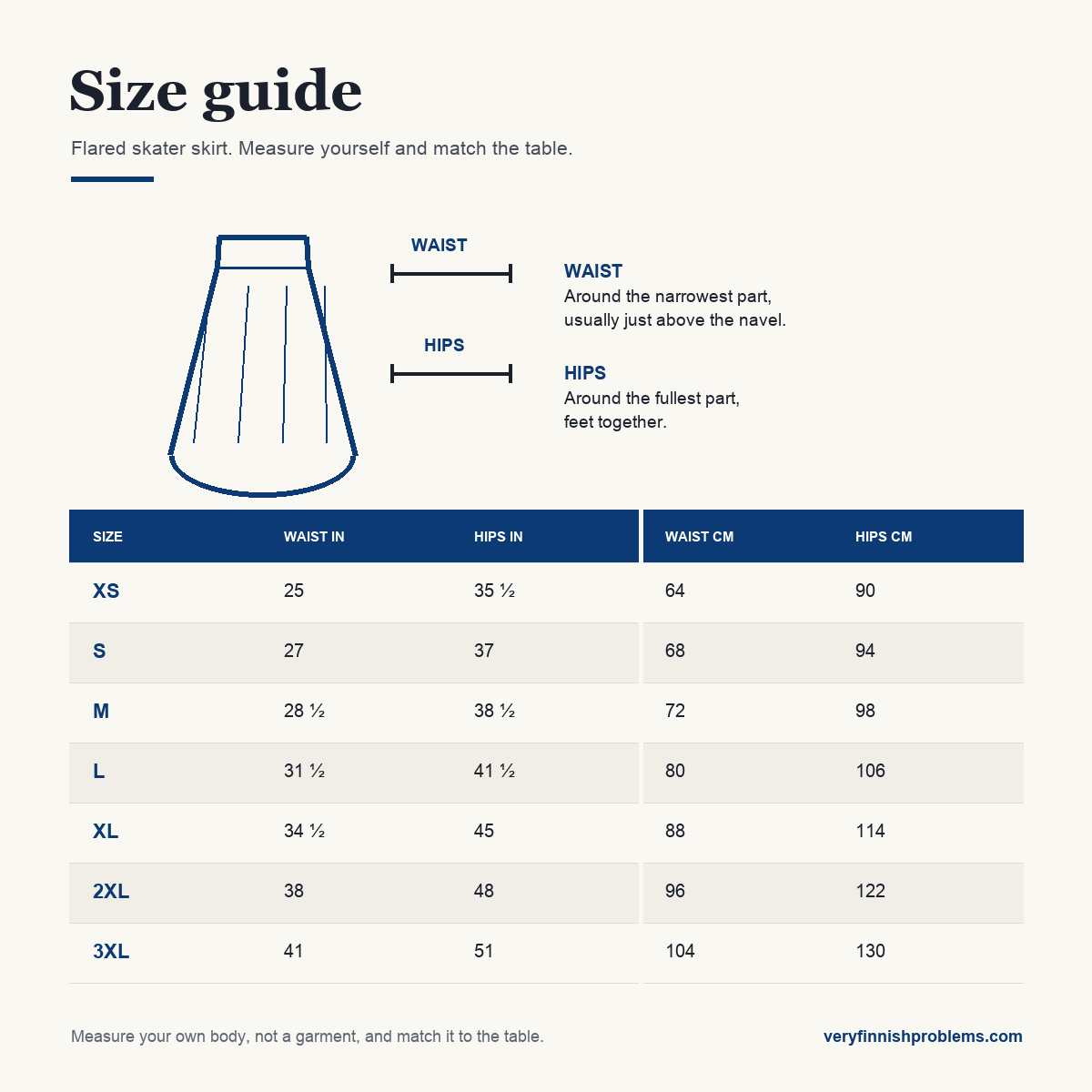 All-over print skater skirt size guide, XS to 3XL, waist and hips in inches and centimetres