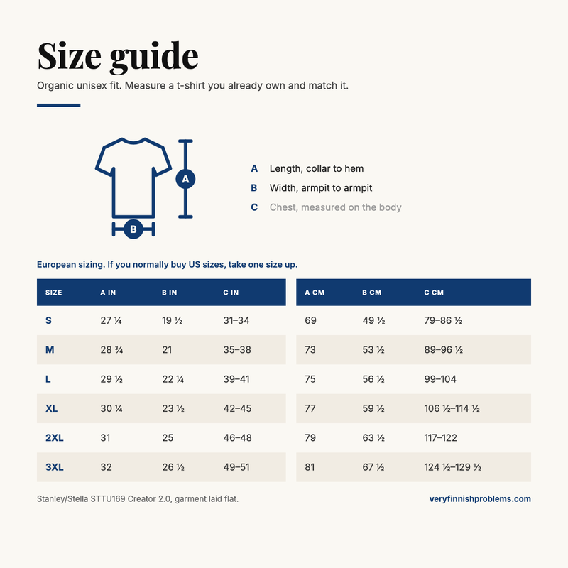 Stanley Stella STTU169 organic t-shirt size guide, S to 3XL, inches and centimetres