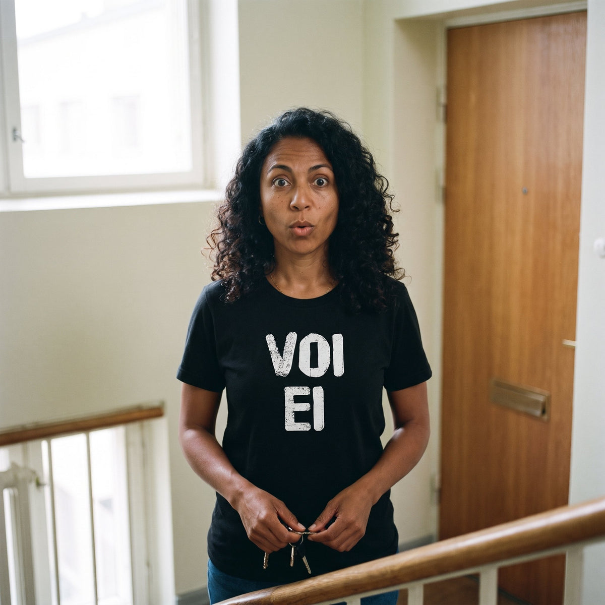 Voi ei Finnish language t-shirt in black, worn by Nea holding her keys in a Helsinki stairwell, Very Finnish Problems