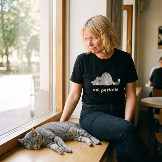 Voi perkele Cat t-shirt in black, worn by Marika on a cafe windowsill beside a sleeping cat, Very Finnish Problems