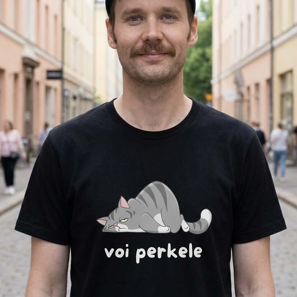 Voi perkele Cat Finnish humour t-shirt in black, worn on a Helsinki street, Very Finnish Problems