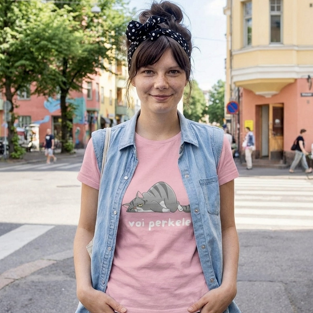 Voi perkele Cat Finnish humour t-shirt in pink, worn on a Helsinki street, Very Finnish Problems