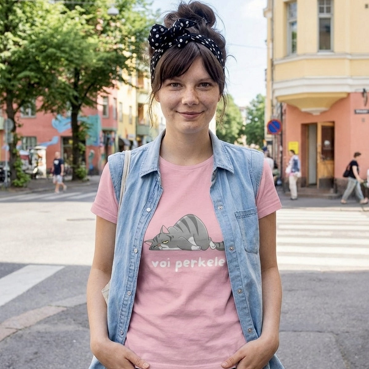 Voi perkele Cat Finnish humour t-shirt in pink, worn on a Helsinki street, Very Finnish Problems