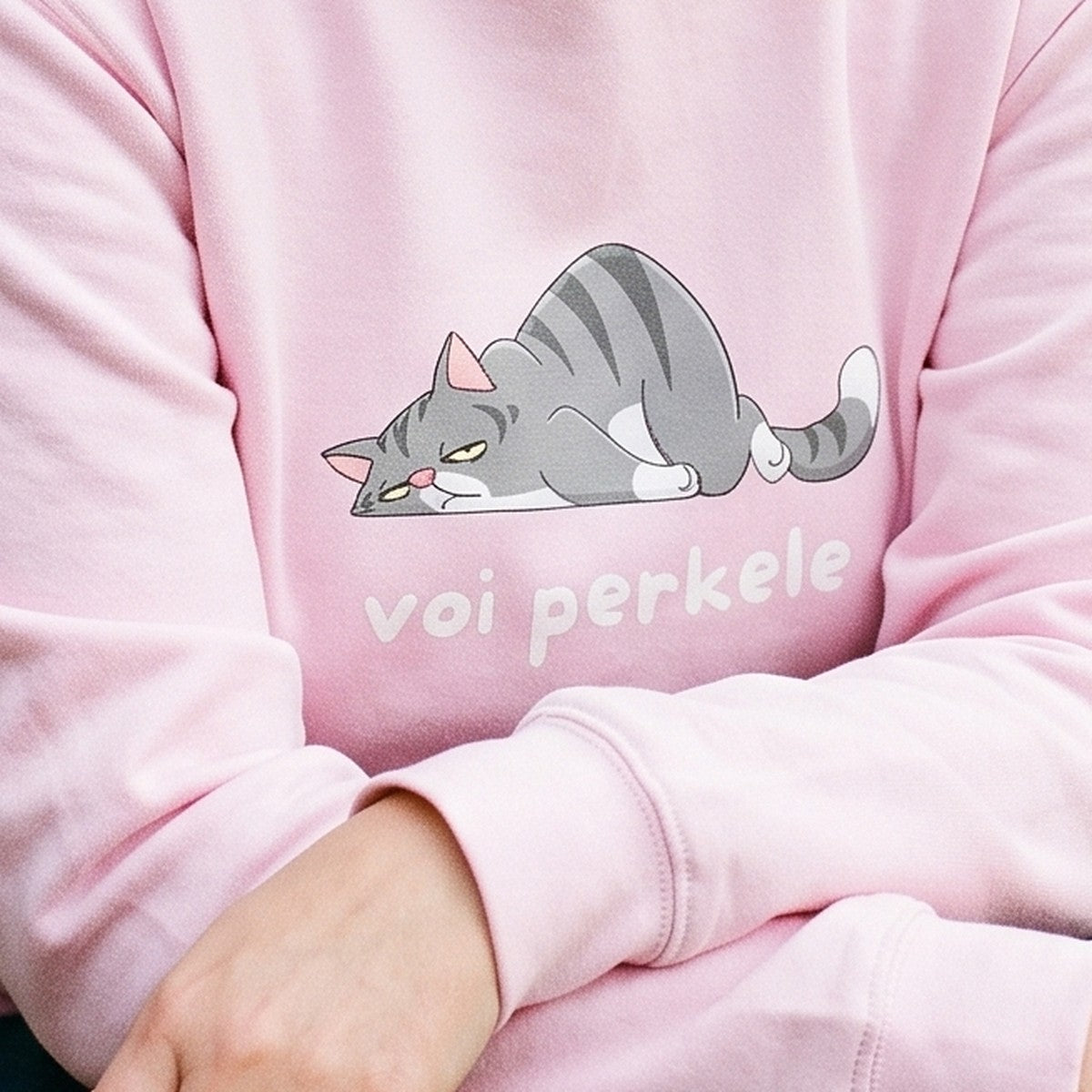 Close-up of the print on the light pink Voi perkele hoodie, Very Finnish Problems