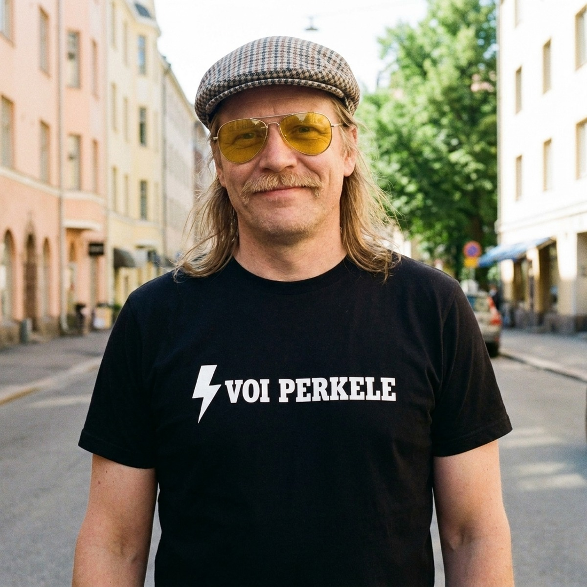 Voi perkele Finnish language t-shirt in black, worn on a Helsinki street, Very Finnish Problems