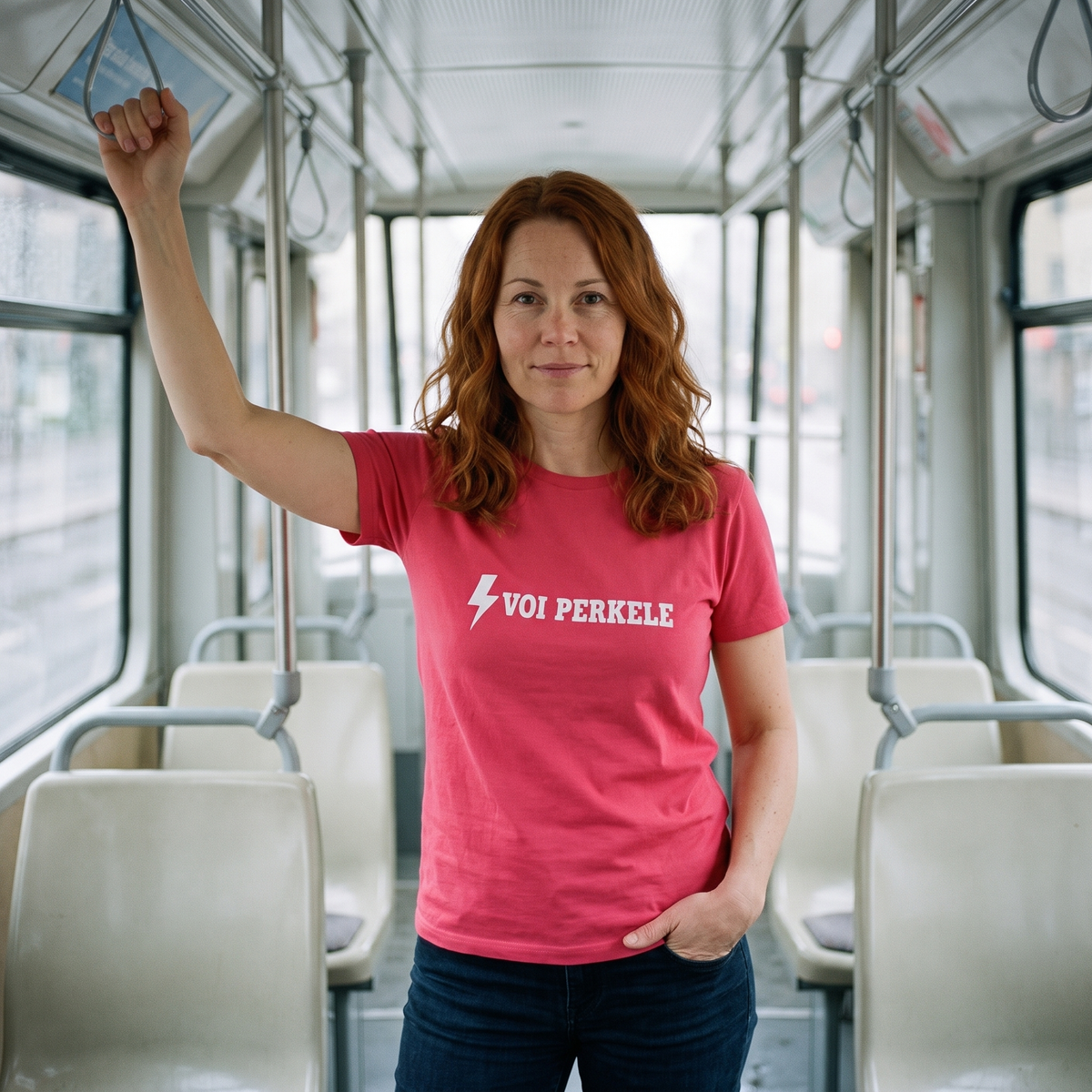 Voi perkele Finnish language t-shirt in charity pink, worn by Sanna on a Helsinki tram, Very Finnish Problems