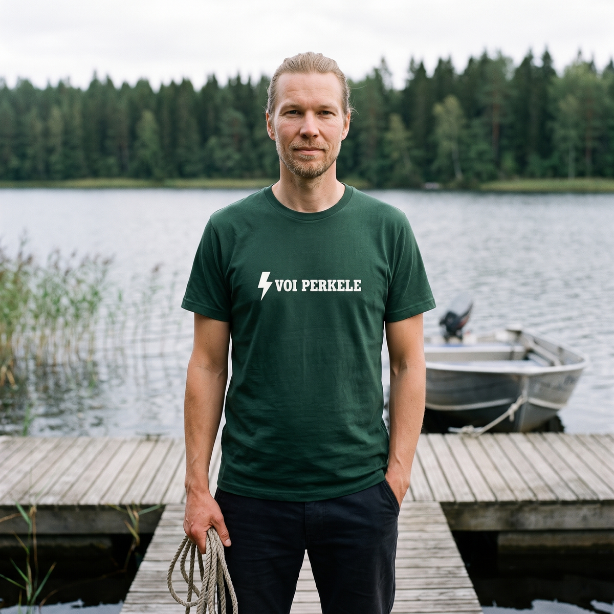 Voi perkele Finnish language t-shirt in forest green, worn by Joonas on a lake jetty, Very Finnish Problems