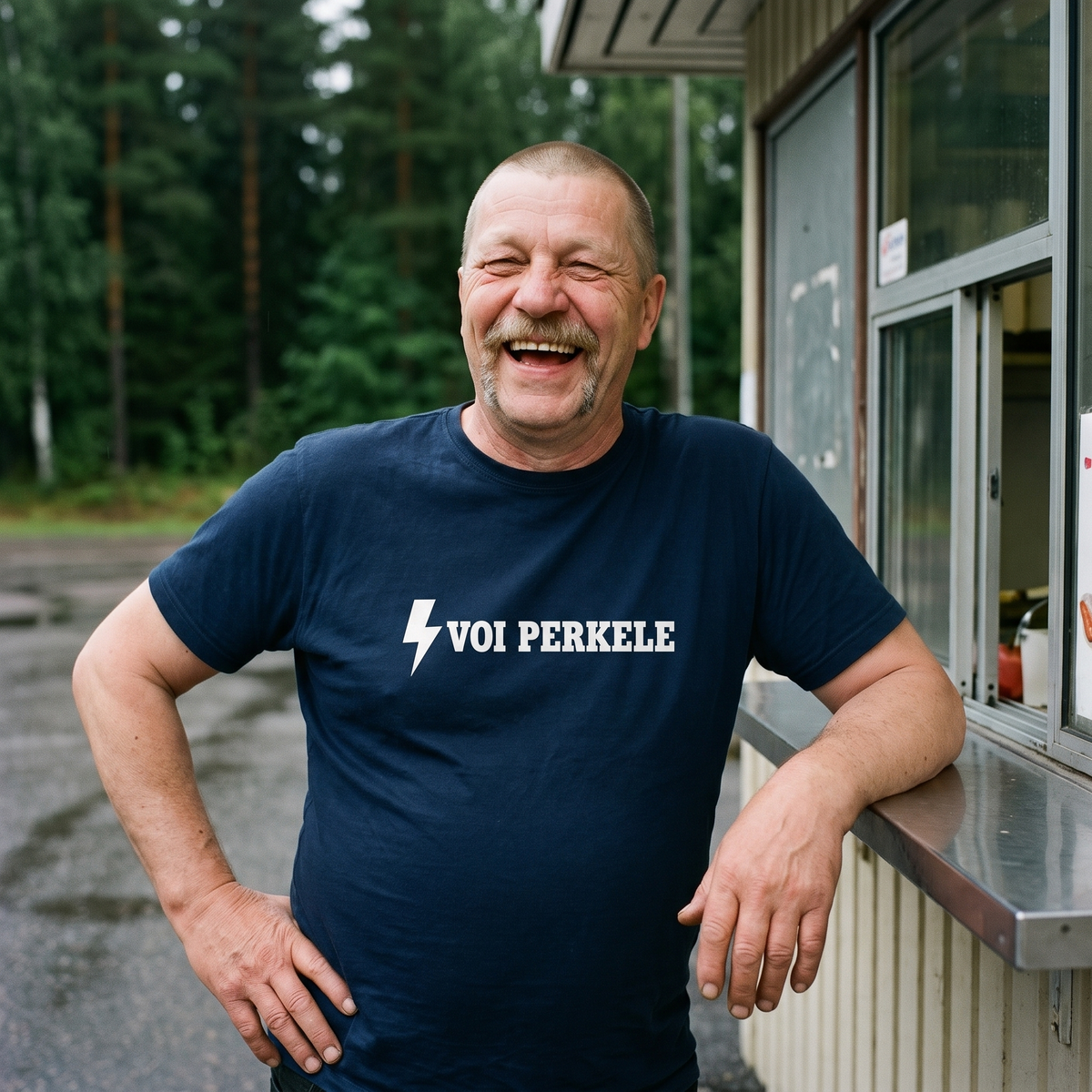 Voi perkele Finnish language t-shirt in navy, worn by Juha at a roadside grill kiosk, Very Finnish Problems