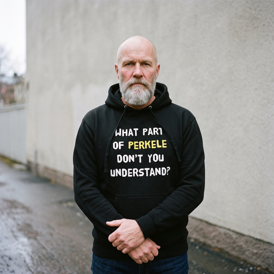 What Part of Perkele hoodie in black, worn by Mikko waiting deadpan on a Finnish street, Very Finnish Problems