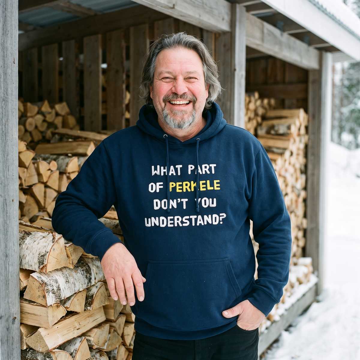 What part of perkele don't you understand hoodie in navy, worn by Jojelli beside a woodpile, Very Finnish Problems
