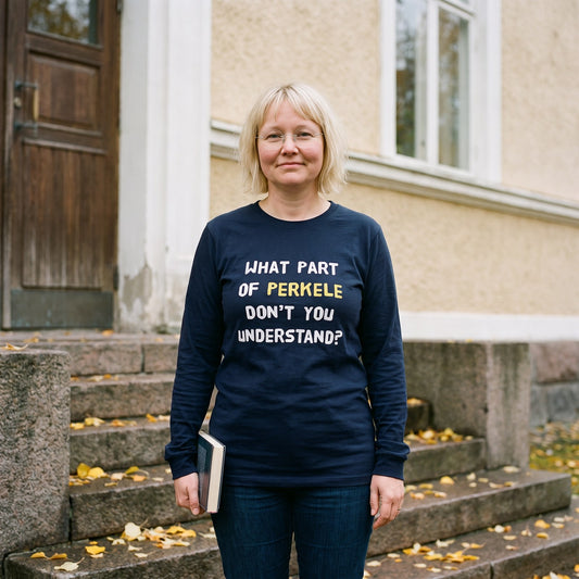 What Part of Perkele long sleeve tee in navy, worn by Marika on old library steps, Very Finnish Problems