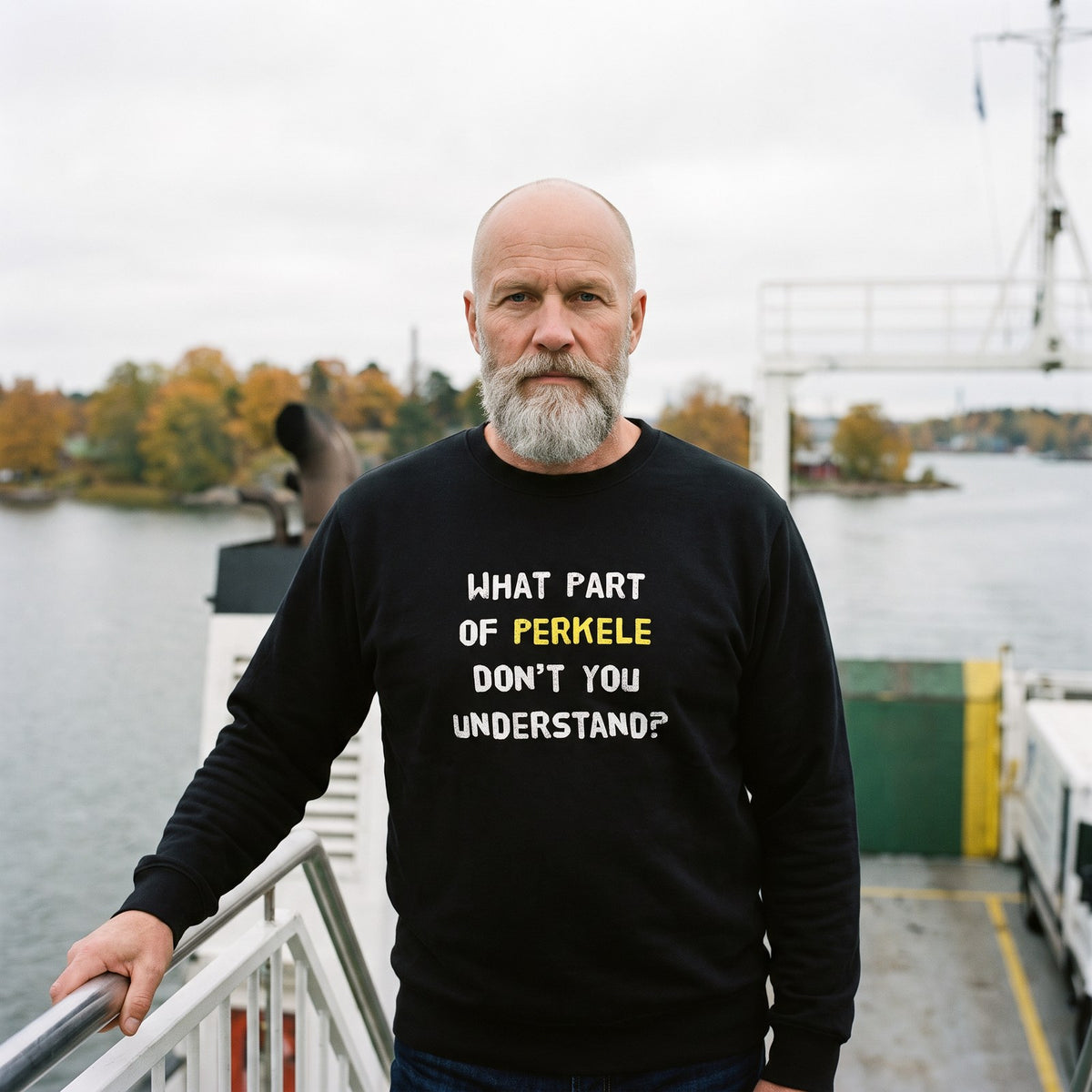 What Part of Perkele sweatshirt in black, worn by Mikko on a Suomenlinna ferry deck, Very Finnish Problems
