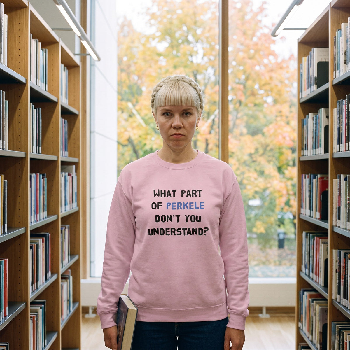 What Part of Perkele sweatshirt in light pink, worn by Venla in a public library, Very Finnish Problems