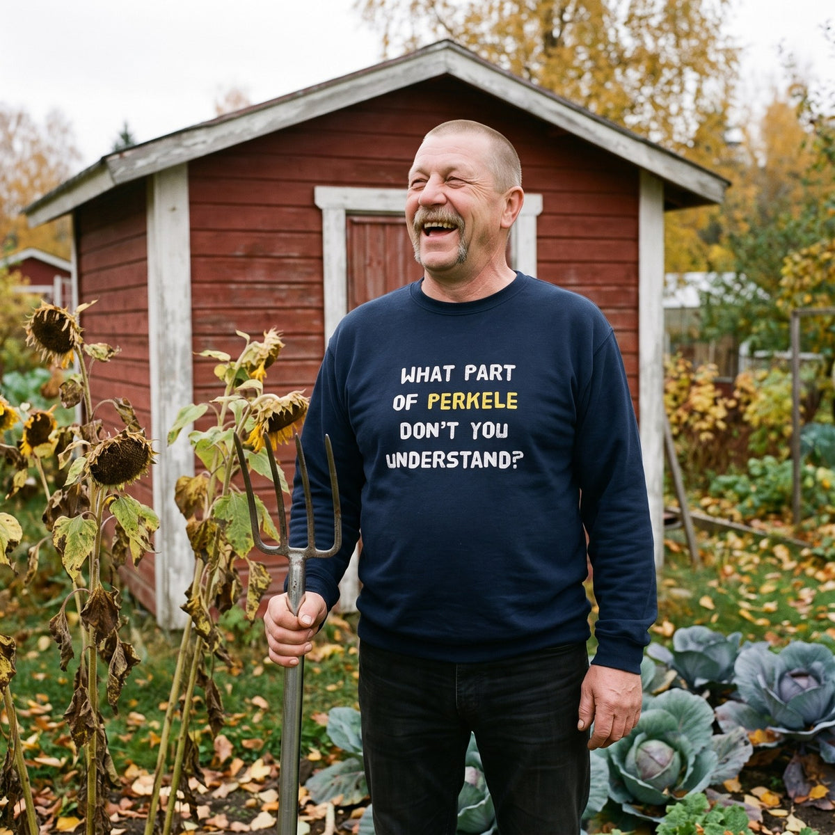 What Part of Perkele sweatshirt in navy, worn by Juha laughing in an allotment garden, Very Finnish Problems