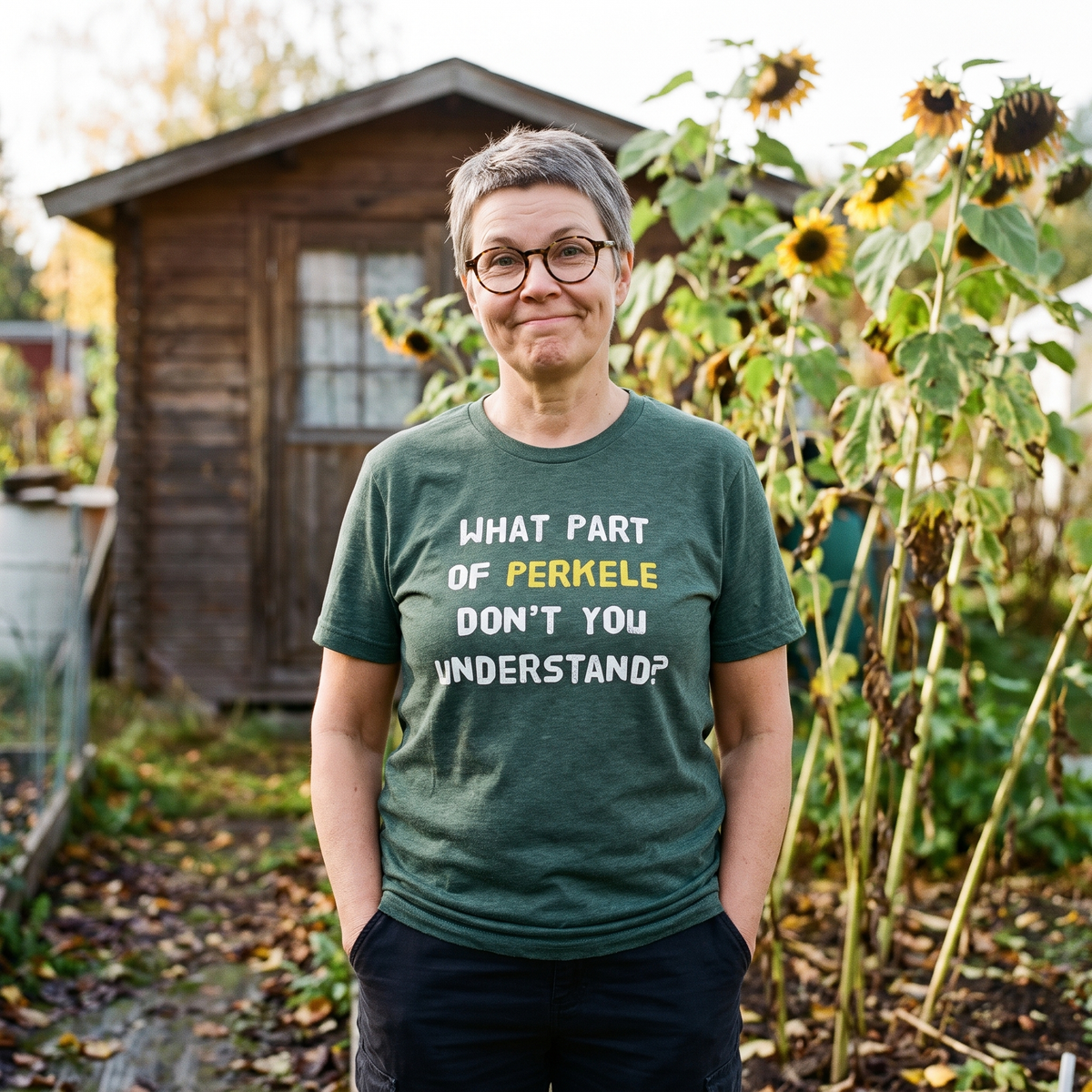 What part of perkele don't you understand t-shirt in heather forest green, worn by a woman in an allotment garden, Very Finnish Problems