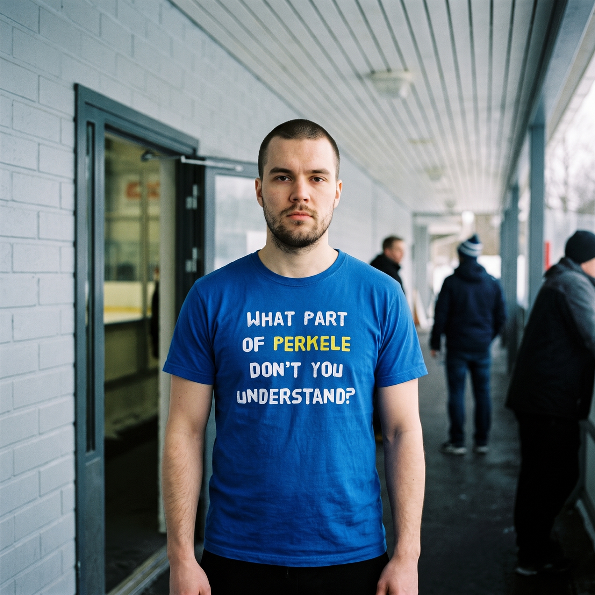 What part of perkele don't you understand t-shirt in true royal blue, worn by a man at an ice hockey rink, Very Finnish Problems